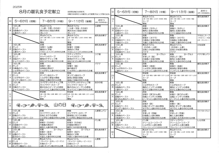 保育園2025年8月の献立1
